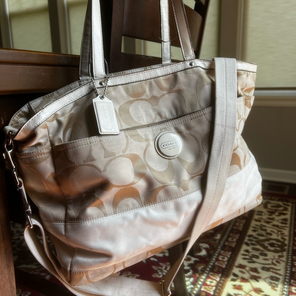 Coach Beige Signature Tote Diaper Bag